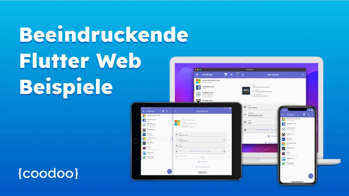 Drei Devices von Authpass Web, Tablet und Mobile App mit Flutter